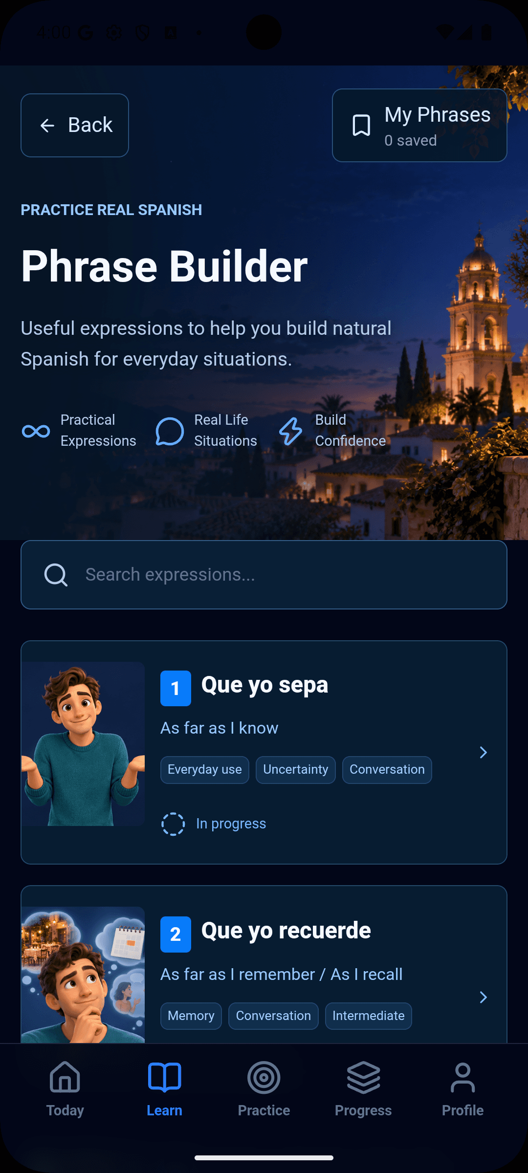 Fraselo Phrase Builder with reusable expressions and saved progress.